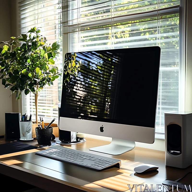 Elegant Home Office Setup with Sunlit Desk AI Image