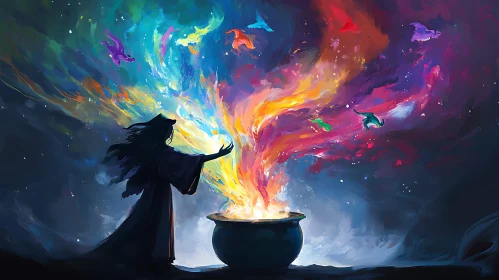 Colorful Cauldron Spell with Dragons