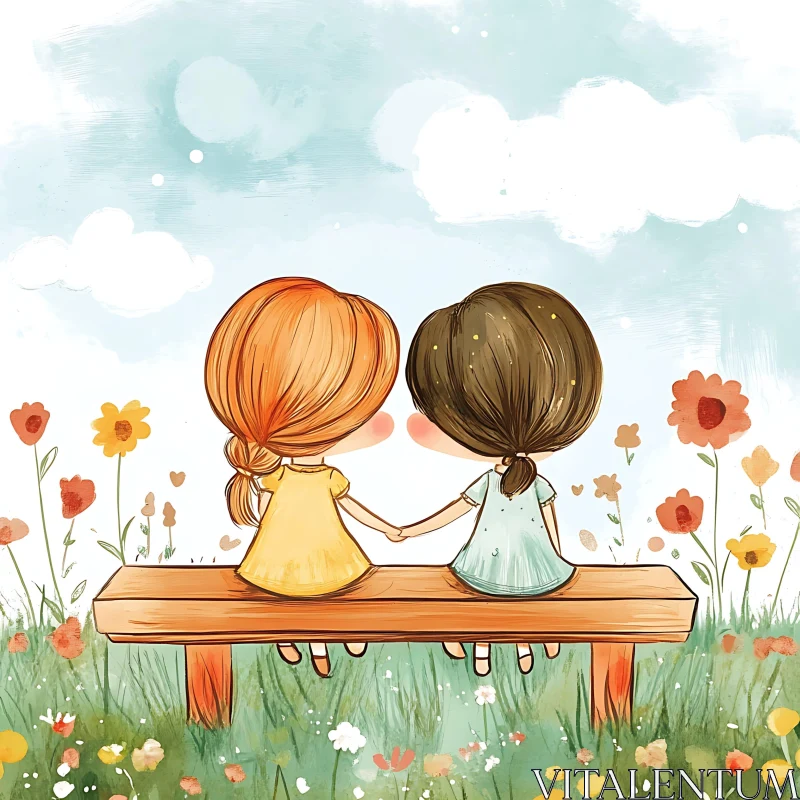 Girls on Bench Surrounded by Flowers AI Image