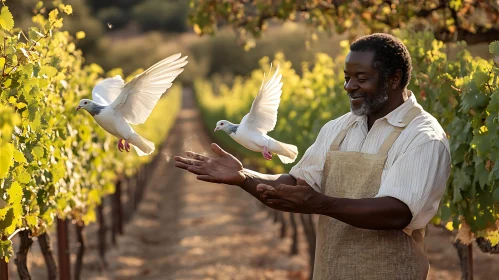 Man Releasing Doves in Vineyard