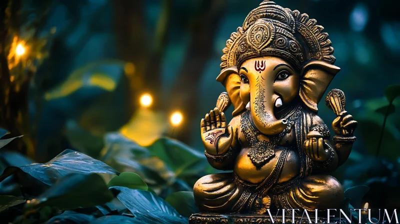 Gilded Ganesha Among Greenery AI Image