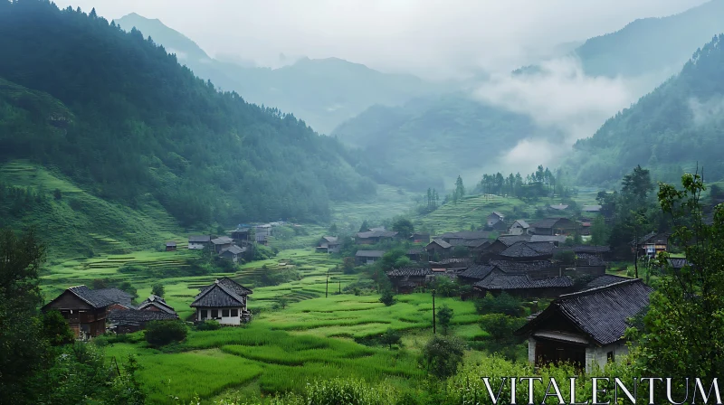 AI ART Green Valley Village in Mountainous Landscape