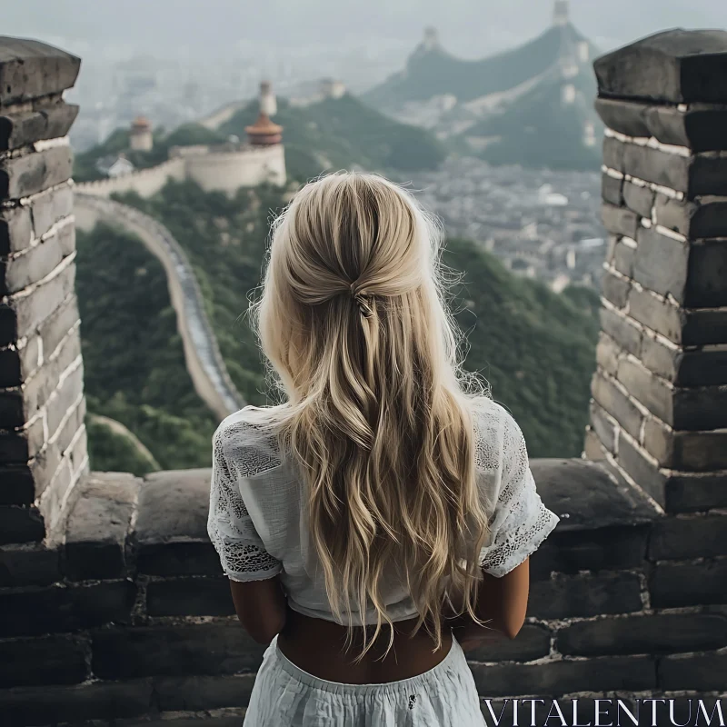 Blonde Woman Overlooking the Great Wall AI Image