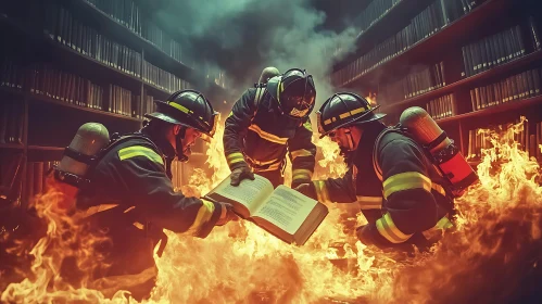 Firefighters Studying a Book Amidst Flames in a Library