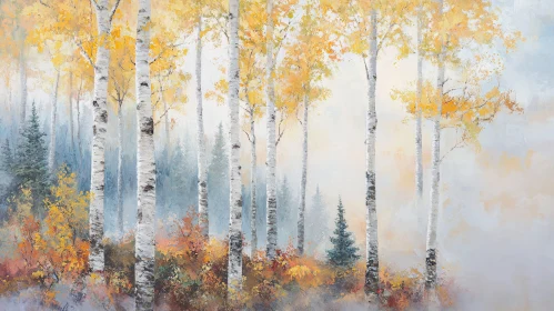 Misty Autumn Birch Trees in a Colorful Forest