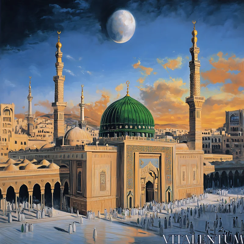 Green Dome Mosque at Sunset AI Image