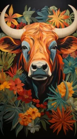 Artistic Bull Portrait Surrounded by Flowers in a Tropical Mural