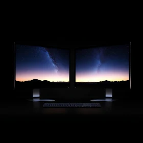 Modern Workspace with Dual Monitors and Night Sky