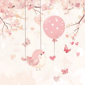 Whimsical Bird and Hearts Artwork