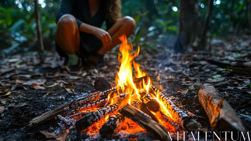 Forest Campfire Scene with Flames AI Image