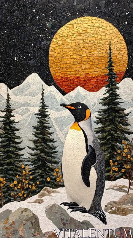 Artistic Penguin in Mosaic Landscape AI Image