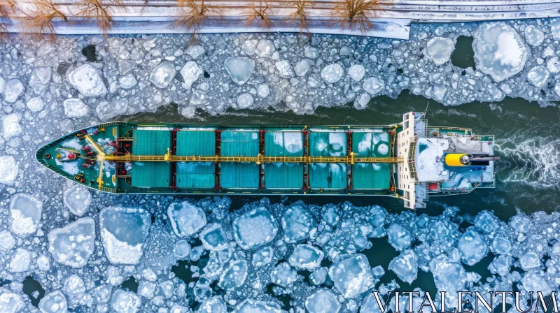 Captivating Aerial View of a Boat Floating on Ice in a Shipping Canal AI Image
