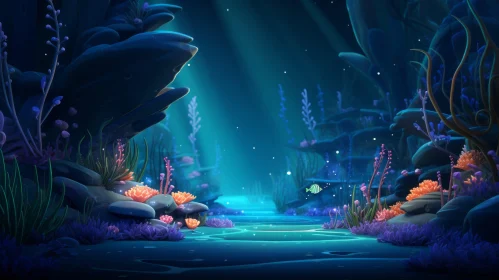 Cartoon Underwater Scene with Rocks: A Bioluminescent Masterpiece