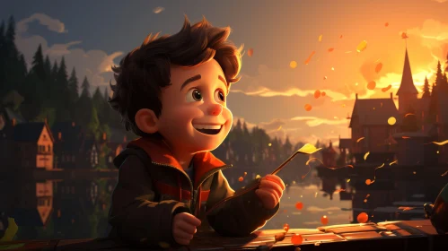 Charming Cartoon Boy at Sunset | Folklore Inspired Artwork