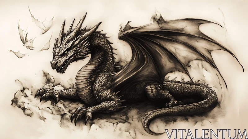 AI ART Sepia Dragon Illustration on Cloud Base