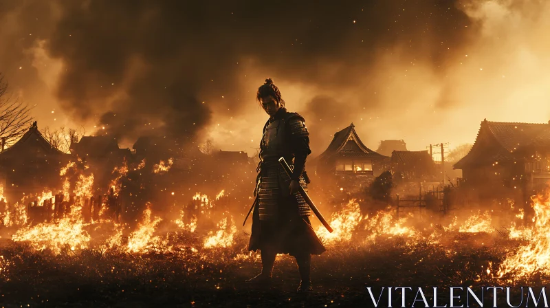 Warrior in Burning Landscape AI Image