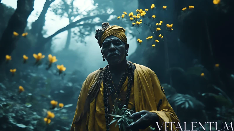 Man in Yellow Robe in Misty Forest AI Image