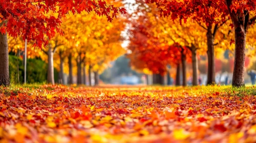 Colorful Autumn Trees Beside a Leaf-Laden Pathway