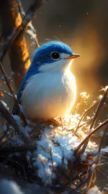 Blue Bird Enveloped in Golden Sunset on Snow