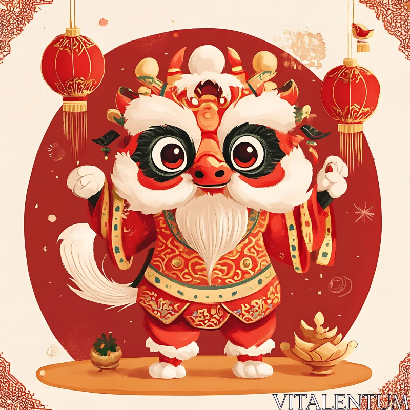 AI ART Cartoon Lion Dancer with Red Lanterns