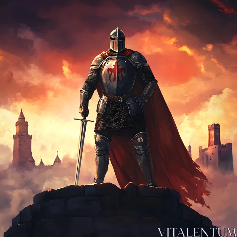 Armored Knight Overlooking Castle Landscape AI Image