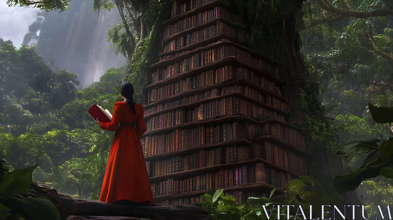 Forest Library: Woman Reading by Bookshelf Tree AI Image