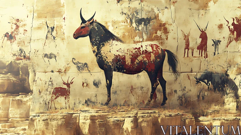 Prehistoric Cave Painting of a Horned Animal AI Image