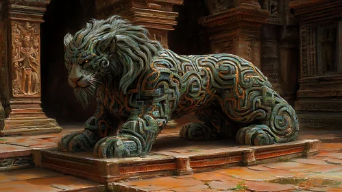 Ornate Lion Sculpture in Temple Ruins