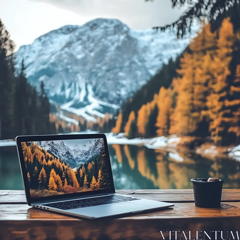 Laptop with Majestic Autumn Mountain Background AI Image