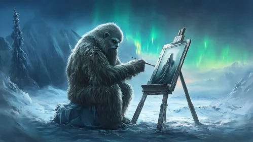 Snow Creature Painting in Winter Landscape