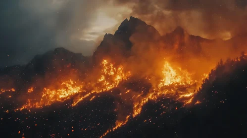 Mountain Wildfire Under Cloudy Sky
