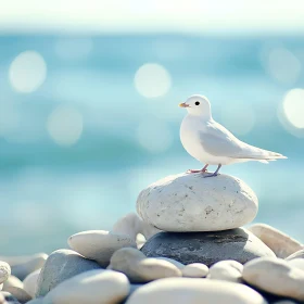 White Bird on Stone Pile by the Sea