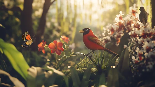 Crimson Bird in Verdant Garden