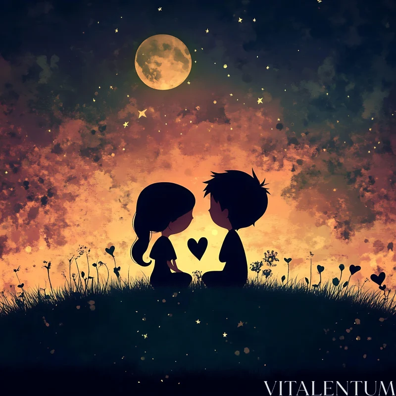 Romantic Cartoon Couple Under Stars AI Image