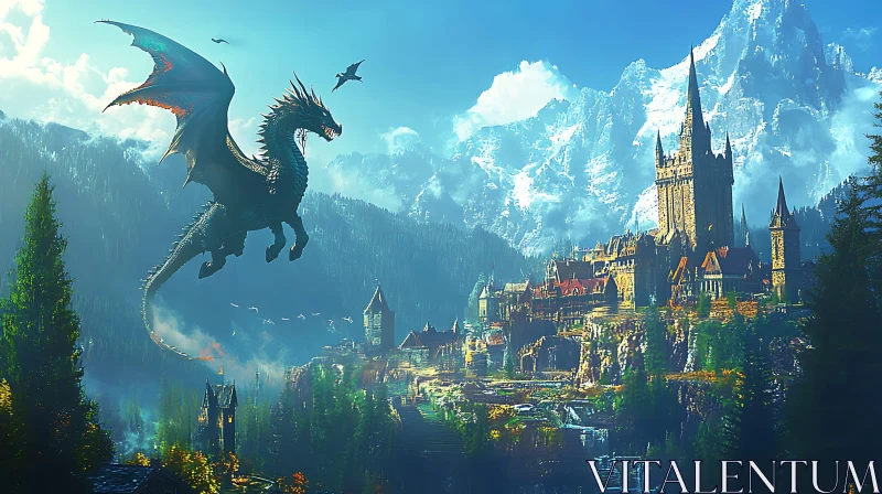 AI ART Dragon and Castle in Mountain Landscape