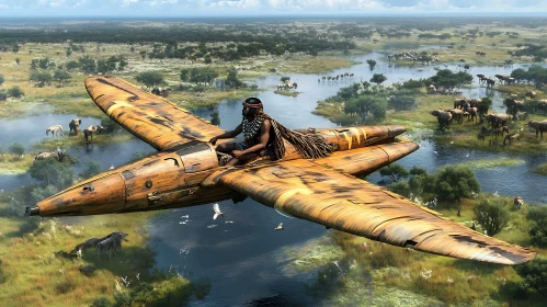 Wooden Airplane Over African Landscape