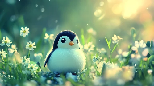 Penguin Chick in Floral Paradise