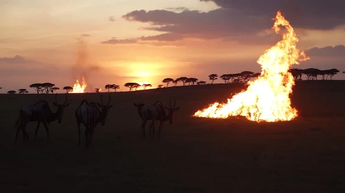 Fiery Savanna Sunset with Wildlife