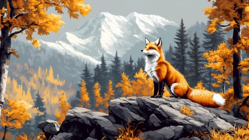 Autumnal Scene with Fox and Mountains