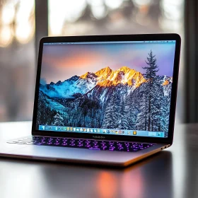 Modern Laptop Featuring a Breathtaking Mountain Sunset