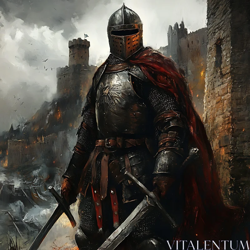 AI ART Armored Knight with Swords, Castle Under Siege