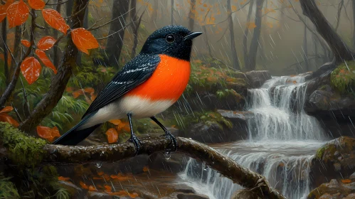 Colorful Bird in Misty Woodland Scene