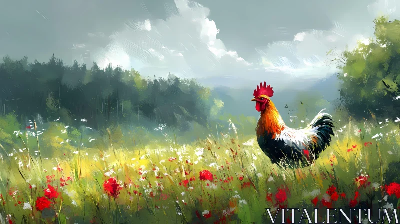 Rural Scenery with Rooster and Wildflowers AI Image