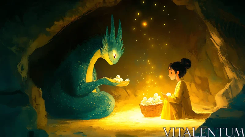 Cave Friendship: Girl and Dragon AI Image