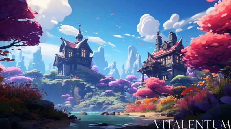 Enchanting Fantasy Scene with Houses and Trees | Neo-Traditional Style AI Image