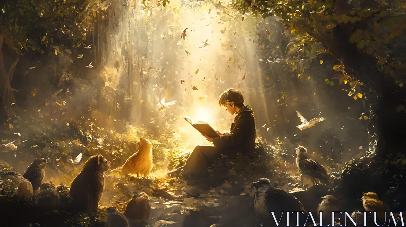 AI ART Forest Reader Surrounded by Wildlife