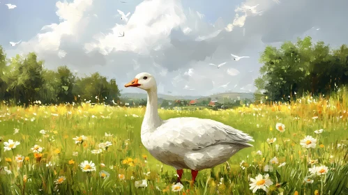 Goose in a Spring Wildflower Meadow