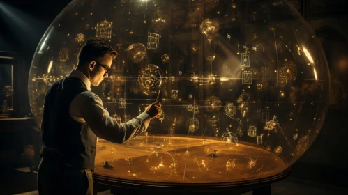 Intricate Cybersteampunk: A Man and a Glass Globe | Surreal Cabincore Art