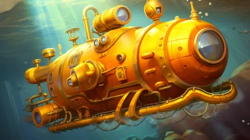 Orange and Gold Steampunk Submarine Floating in the Ocean