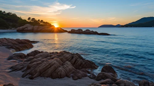 Sunset Beach Scene with Rocks - Italian and Mediterranean Landscape